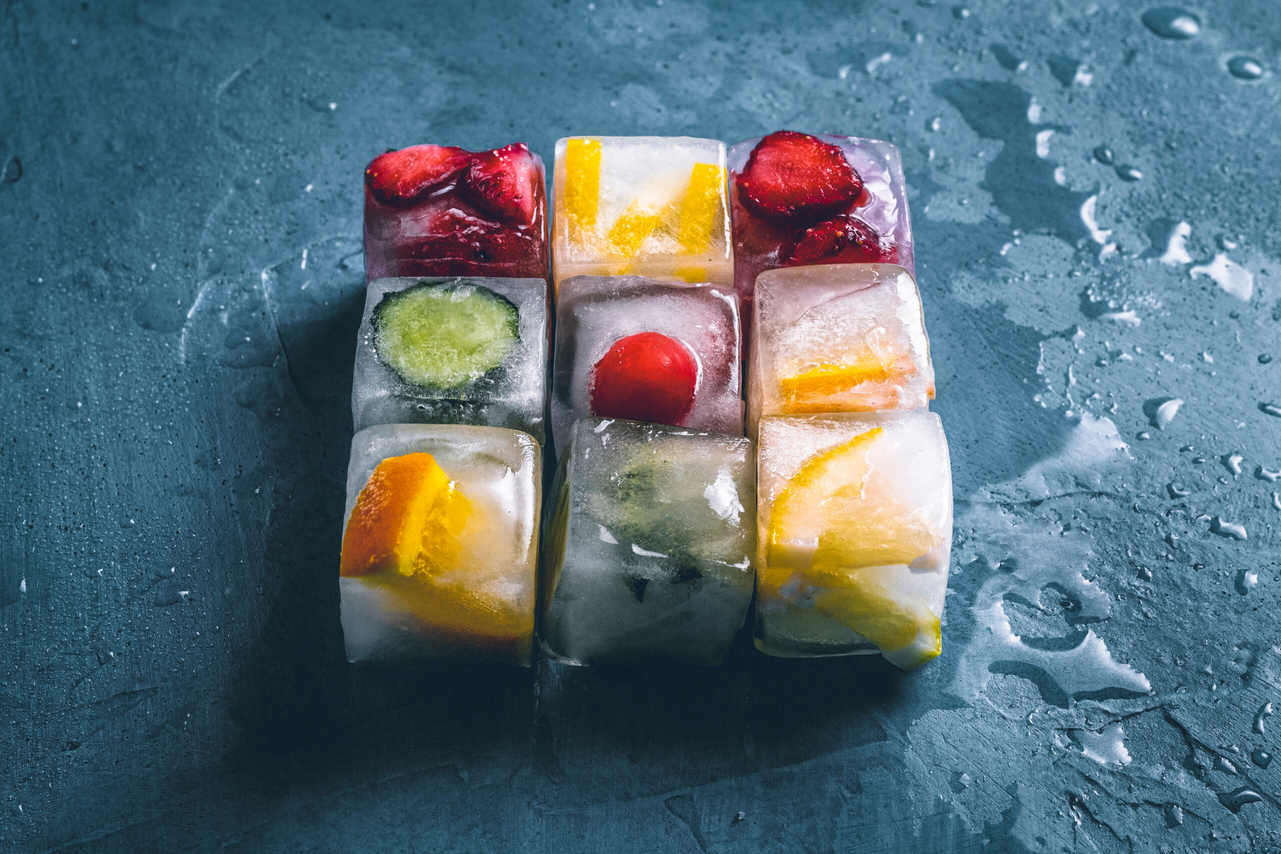 Ice cubes with fruit on a stone blue background. The shape of the square. Mint, strawberry, cherry, lemon, orange. Flatlay, top view.
