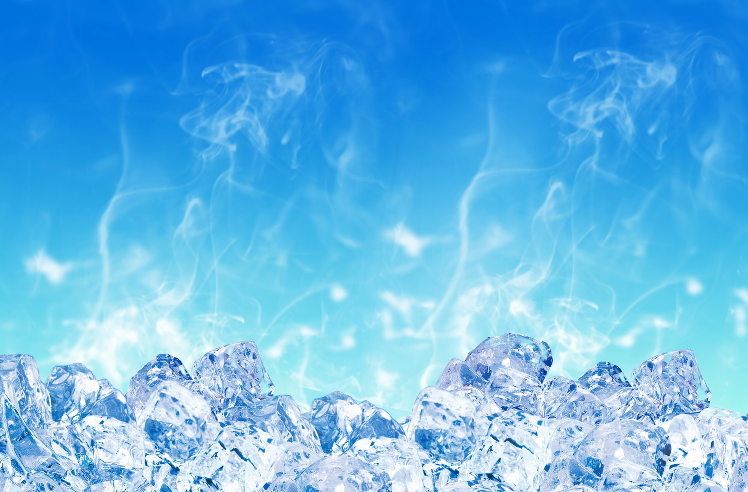 Fresh cool Ice cubes isolated on blue background.  Ice cube background or wallpaper for summer or winter. Frozen water cube shape abstract background. Pieces of crushed ice cubes.